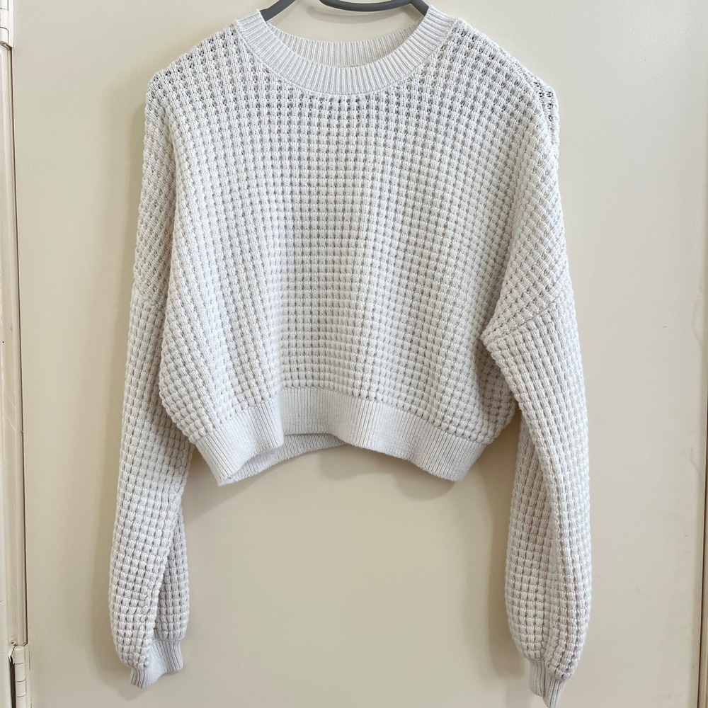 Hollister Women Waffle Knit Crop Sweater XS Cream Coastal Preppy Old Money Ivy